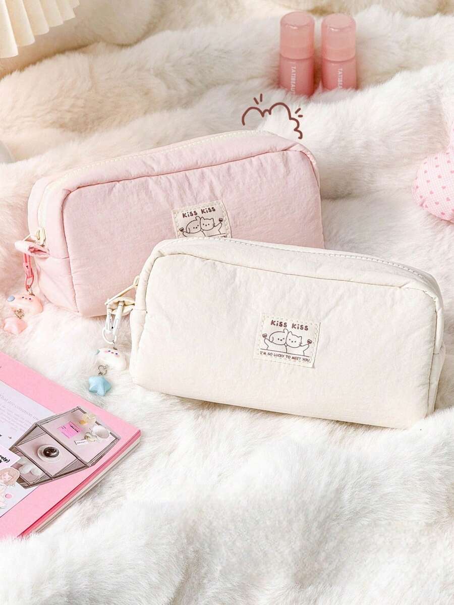 1 pièce Trousse à crayons de couleur unie minimaliste, design simple et mignon de chien et chat de dessin animé, grande capacité, trousse à crayons de haute esthétique, convient pour l'école, le bureau et l'usage quotidien - Trousse - Voir 1