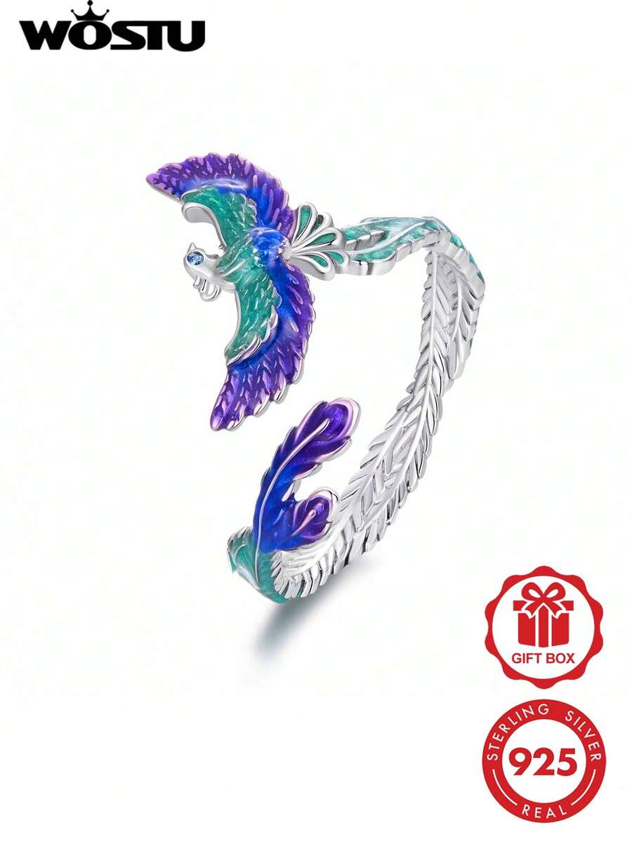 WOSTU 1件 925純銀鳳凰開口戒指，琺瑯工藝，動物造型，獨特設計，鑲嵌立方氧化鋯，適合女性，時尚派對配件，禮物首選 - BSR733-E - 查看 1