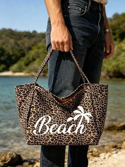 Large Capacity Leopard Print Beach Tote Bag, Printed With BEACH And Coconut Tree Pattern, Fashionable Shoulder Bag, Leopard Print Makeup Bag Coin Purse, Foldable Handbag, Essential Summer Travel Bag, Ideal For Beach Trips, Pool Parties, Shopping And Daily Use, Suitable For Women, Teenagers, College Students, Office Workers, Travelers And Beach Lovers, Perfect For Summer, Back To School Season, Graduation Season, Gift Giving, Multi-Functional, Can Be Used As Beach Bag, Shopping Bag And Underarm Bag, Backpack