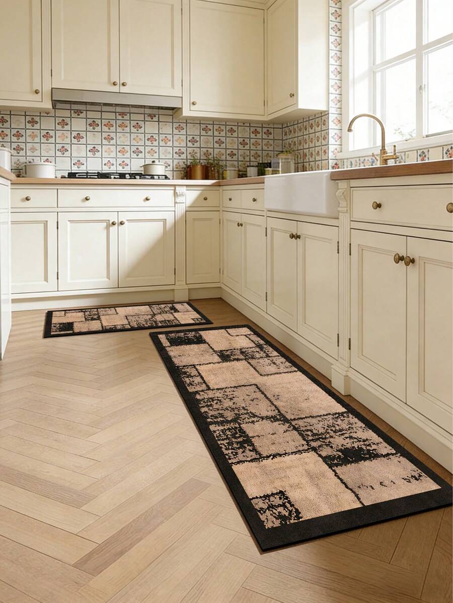 1 buah Keset Dapur Diatomaceous Earth dengan Pola Kotak-kotak Beige Muda dan Hitam, Pinggiran Hitam, Gaya Vintage dan Tahan Kotoran, Cocok untuk Area Kerja Dapur. Keset Dapur Anti-Lelah Bergaya Mewah dan Modis, Permukaan Kain, Lapisan Tengah Penyerap Spons, Bagian Bawah Karet, Keset dan Karpet Dapur yang Mudah Dibersihkan dan Menyerap Air - MultiWarna - View 1