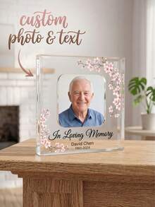 1pc Personalized Acrylic Photo Plaque, Customized Photo & Text Sakura Asymmetrical Floral Memorial Keepsake, Acrylic Photo Frame, Heartfelt Condolence Bereavement Gift, Funeral Memorial Table Decor, Funeral, Memorial Ceremony - Multicolor - View 2