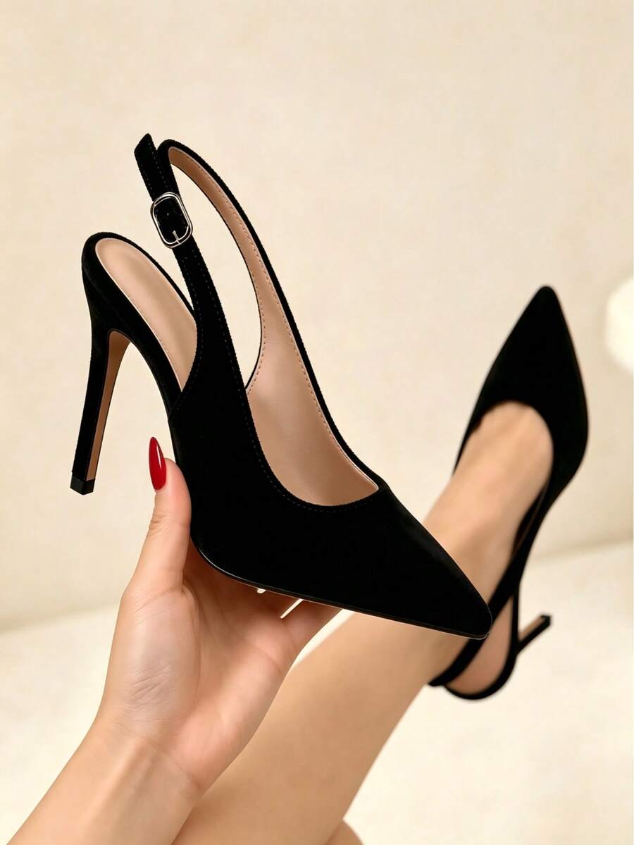 Geeyea Fashionable And Comfortablepointed Slimhigh-Heeled Lace Upwomen'sspring And Autumn Shoes,Minimalist Slanted Back Sandals,Elegant Blackhigh-Heeledshoes - 黑色 - 查看 1