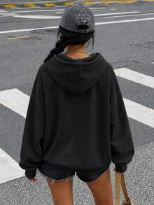 幽靈字母印花大碼女款休閒秋冬長袖口袋運動衫 黑色 - 黑色 - 查看 2
