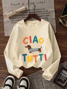 Tween Girl 1pc Sausage Dog Print Long Sleeve T-Shirt, Suitable For Girls' Autumn/Winter Top, Young Student Children's Clothing, Suitable For Outerwear And Layering - Apricot - View 4