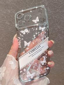 Luxury Electroplated Silver Butterfly Pearl Fully Rhinestone Studded Phone Case Compatible With IPhone 18 Pro Max/18 Pro/18/17 Pro Max/17 Pro/17/16 Pro Max/16/16 Pro/16 Plus/15/15 Pro Max/15 Pro/15 Plus/11/12/13/14 Pro Max/12 Pro/12 Pro Max/13 Pro/13 Pro Max/14 Pro/14 Pro Max/14 Plus/12 Mini/13 Mini Full Coverage Anti-Drop Soft Protective Cover, Ins Style High-End Aesthetic - Silver - View 7