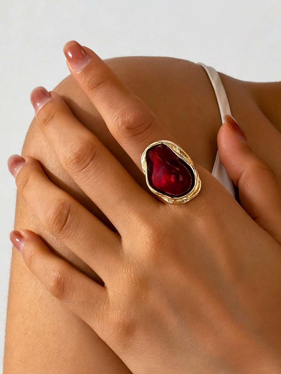 1件復古精緻不對稱巴洛克珍珠戒指,女性珠寶飾品,適合日常通勤、度假、約會、節日穿著與節日禮物 - 金色+酒紅色 - 查看 1