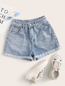 Summer Rolled-Up High-Waisted Denim Shorts - Clear - View 1