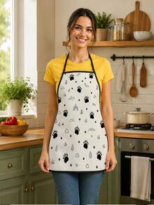 1pc Cream Base Black Hand-Drawn Random Sized Dog Paw Print Mountain Pine Tree Cloud Print Apron Outdoor Nature Style Halter Neck Sleeveless Black Trim Design Unisex Home Anti-Stain Protective Apron Suitable For Kitchen Cooking Baking Grilling Housework Cleaning And More - Multicolor 1 - View 2