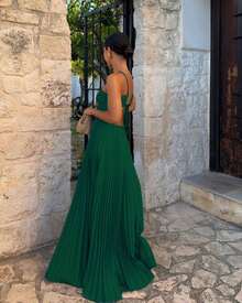 Women's Pleated Halter Neck Maxi Dress, Crisscross Straps Cutout Waist Evening Gown - 墨綠色 - 查看 3