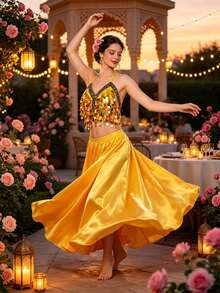 Belly Dance Coin-Embellished Halter Crop Top, Satin Full Circle Maxi Skirt For Stage Performance & Carnival - Multicolor - View 16