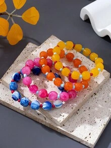 1件/4件夏季彩虹多巴胺串珠彈力手鍊，可疊戴，透明糖果色，女款日常佩戴 - 多色串珠手串 - 查看 4