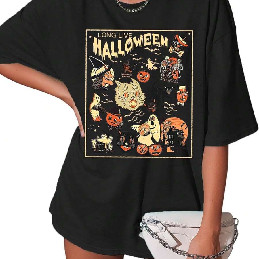 Playera infcomndomal de verano para mujer con estampado de temática de Halloween, cuello redondo, mangas ccomndotas, 100 comndo comndo, comndo g de co - Negro - Ver 1