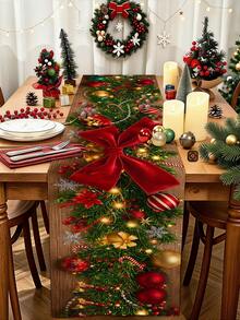 1pc 35*180cm/13.78*70.87inch Christmas Decorative Polyester Table Runner, Christmas Tree, Snowflake, Poinsettia, Bell, Gift Box, Bow, Snowman, Red Berry, Santa Claus Cartoon Pattern Design, Suitable For Home Dining Table Holiday Decor, Festive Atmosphere Christmas Tablecloth, Desktop Decorative Fabric - Multicolor - View 6