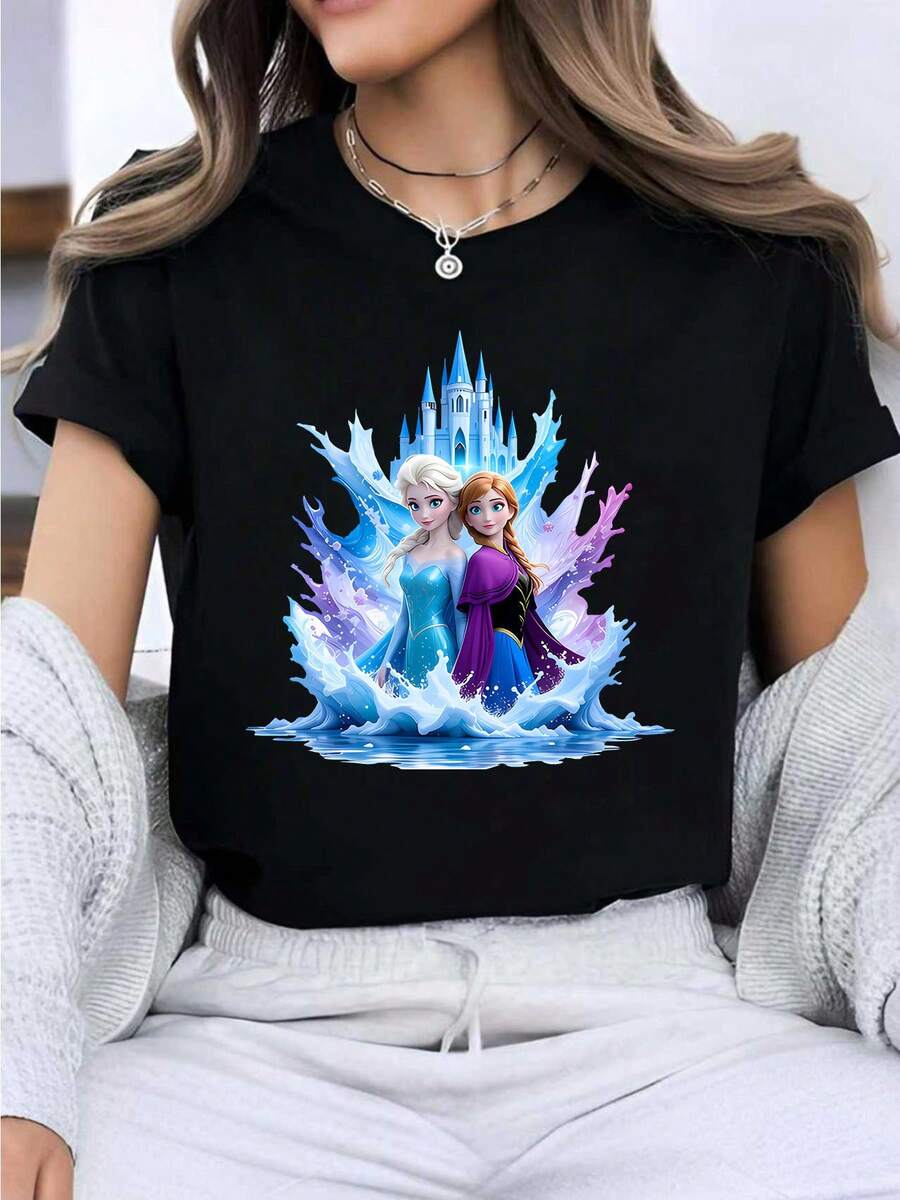 Disney Elsa And Anna Princess Print Women's T-Shirt, Bestie Style Summer Casual Fashion Round Neck Short Sleeve Top, 'Age-Reducing College Style Cartoon Sweatshirt, Outdoor Everyday Wear - 黑色 - 查看 1
