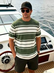 Men's Fashion Round Neck Striped Knit Casual Short Sleeve Top - Green - View 5