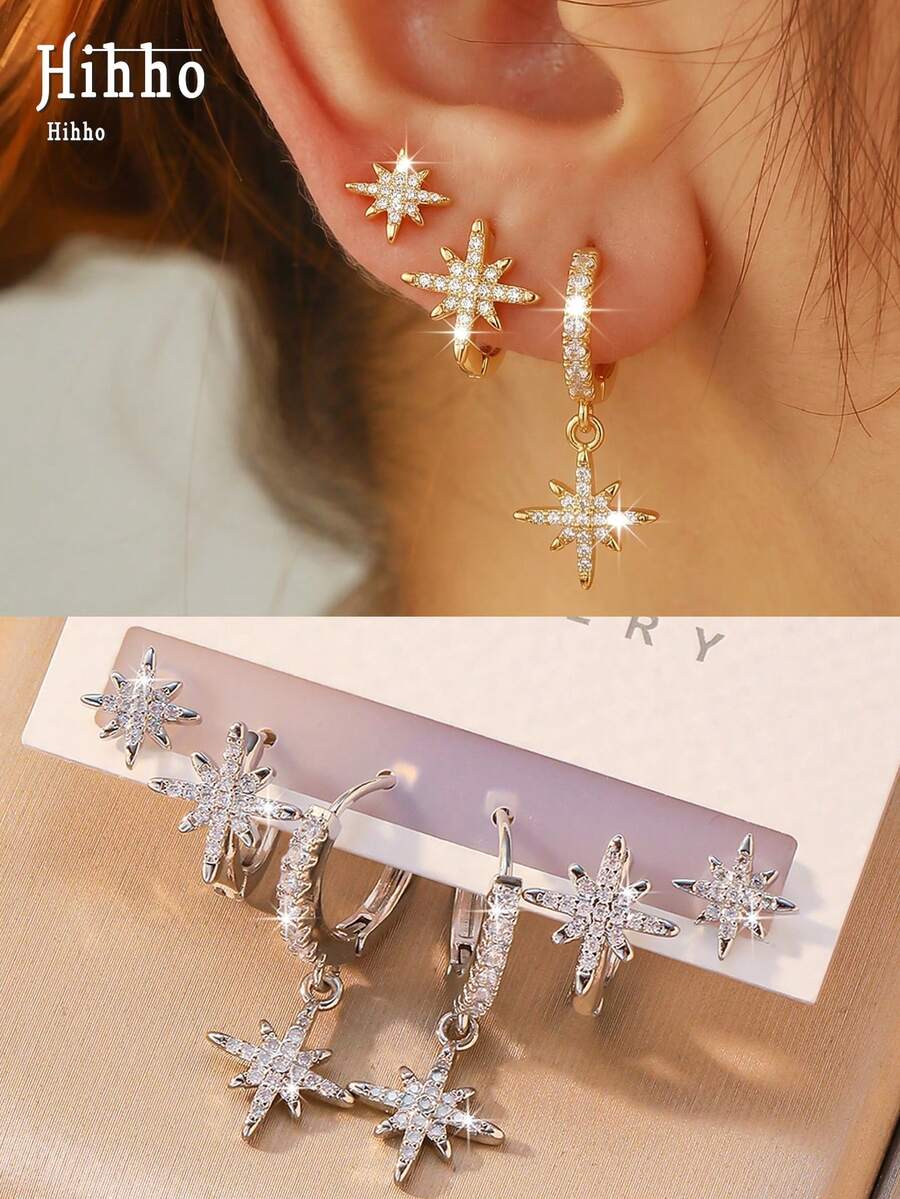Hihho Set Anting Jepit Telinga Zirkonia Bintang 8 Titik Kreatif dan Personalisasi 6 Buah, Gaya Mewah yang Segar dan Manis, Dasar Emas dan Perak, Bentuk Bintang 8 Titik + Inlay Zirkonia Bulat + Kombinasi Anting Lingkaran Berlian Imitasi Penuh, Desain Bunga yang Hidup dan Segar, Zirkonia Transparan dan Berkilau, Memadukan Pesona Feminin dan Kemewahan yang Istimewa, Cocok untuk Ditumpuk di Seluruh Telinga, Perjalanan Sehari-hari, Kencan, Hadiah untuk Sahabat, Pakaian Musim Semi, dan Lainnya - bintang berujung delapan - View 1