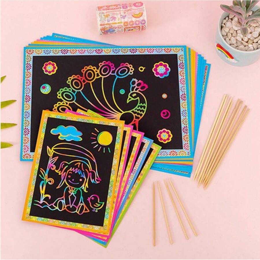 Scratch-Off Art Paper For Kids, DIY Cartoon Pattern Graffiti Pad, Rainbow Scratch Drawing Kit, Fun Educational Craft Gift For Toddlers - Multicolor - View 1