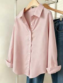Simple, Solid-Color Women's Everyday Button-Down Shirt - Apricot - View 1