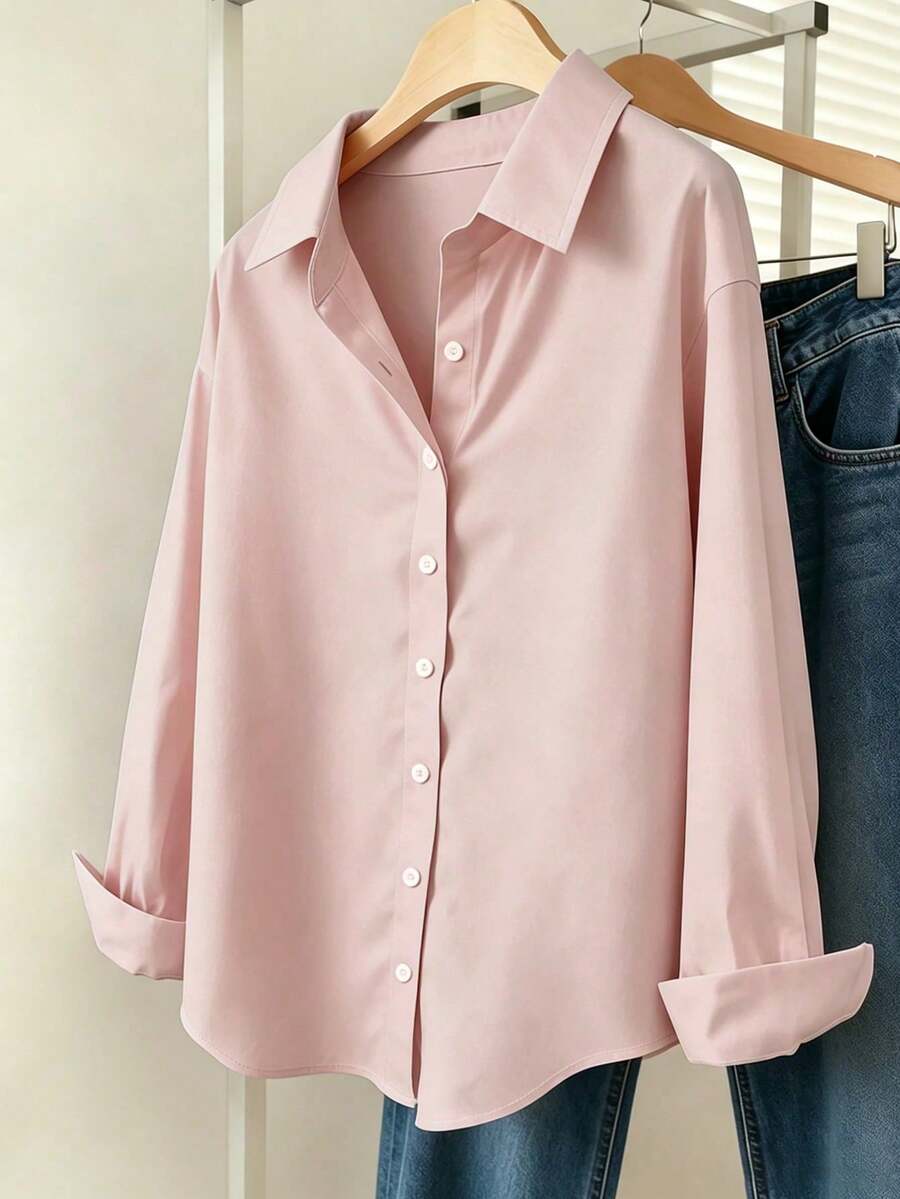 Simple, Solid-Color Women's Everyday Button-Down Shirt - Apricot - View 1