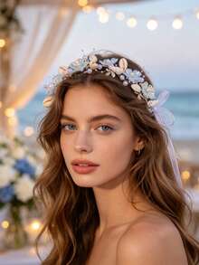 1pc Vintage Elegant Dreamy Purple Pearl Flower Headband, Bridal Wedding Accessory - Multicolor - View 2