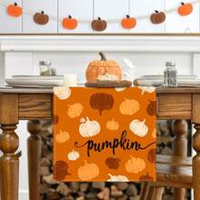 1 pieza Mantel de calabaza naranja, óxido y blanco de otoño, decoración de mesa de cocina y comedor de temporada de otoño, decoración de fiesta de Acción de Gracias para el hogar - Naranja - Ver 4