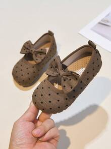 Girls' Linen Polka Dot Bow Decor Breathable Soft Sole Mary Jane Flats, Suitable For Spring And Summer - Coffee Brown - View 6