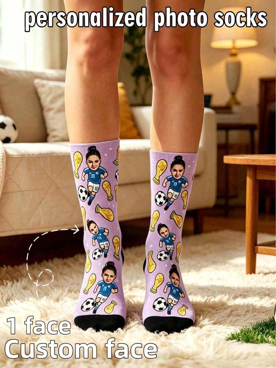 Custom Face Photo Over-The-Knee Socks, Personalized Fun Football Pattern Socks, Back To School Essential, Campus Accessory, Gift For Her - Mauve Purple - View 1