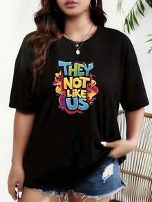 Camiseta de algodón puro para mujer - estampado con diseño, cuello redondo elástico, top de verano, lavable a máquina, ajuste cómodo, camiseta de mujer, prenda holgada, mangas cortas con est - Negro - Ver 1