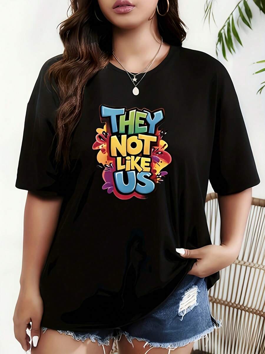 Camiseta de algodón puro para mujer - estampado con diseño, cuello redondo elástico, top de verano, lavable a máquina, ajuste cómodo, camiseta de mujer, prenda holgada, mangas cortas con est - Negro - Ver 1
