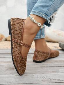 Sepatu Balet Jala Berongga Terbaru Musim Panas, Sepatu Datar Bernapas dengan Bagian Atas Rendah dan Ujung Persegi, Gesper, Serbaguna untuk Perjalanan Sehari-hari - Coklat - View 5