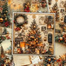 24 Sheets 6*6 Inch Exclusive Warm Gold Christmas Tree + Snowy Landscape Combination Design Scrapbook/Journal, Vintage Aesthetic Old Book Page Collage Suitable For Collage, DIY Origami And Journaling Materials, Handmade Scrapbook, Bullet Journal, Greeting Cards, Gift Wrapping And Home Decor - Square - View 3
