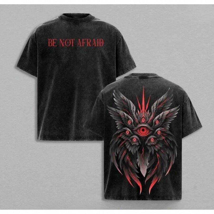 Camisetas de San Valentín: Camiseta de Ángel Serafín "No tengas miedo" | Ángel Guardián Bíblico con Muchos Ojos | Camiseta Oversized Vintage con Estampado de Fe Cristiana | Camiseta de - Negro - Ver 1