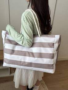 Large Waterproof Beach Tote Bag With Zipper And Sand-Proof Design, Suitable For Swimming Pool, Random Pattern, School Backpack, Portable, Large Capacity, Suitable For Teenage Girls, Women, College Students, University, Middle School, High School, Outdoor, Travel, Outing, Work, Business, Commute, Holiday, Shopping - Light Khaki - View 3