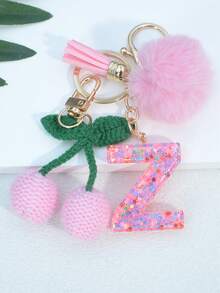 1pc Resin Starry Sky Epoxy English Letter Keychain With Tassel And Black Fur Ball Decoration, Heart Pendant Gift For Friend And Mom - Baby Pink - View 23