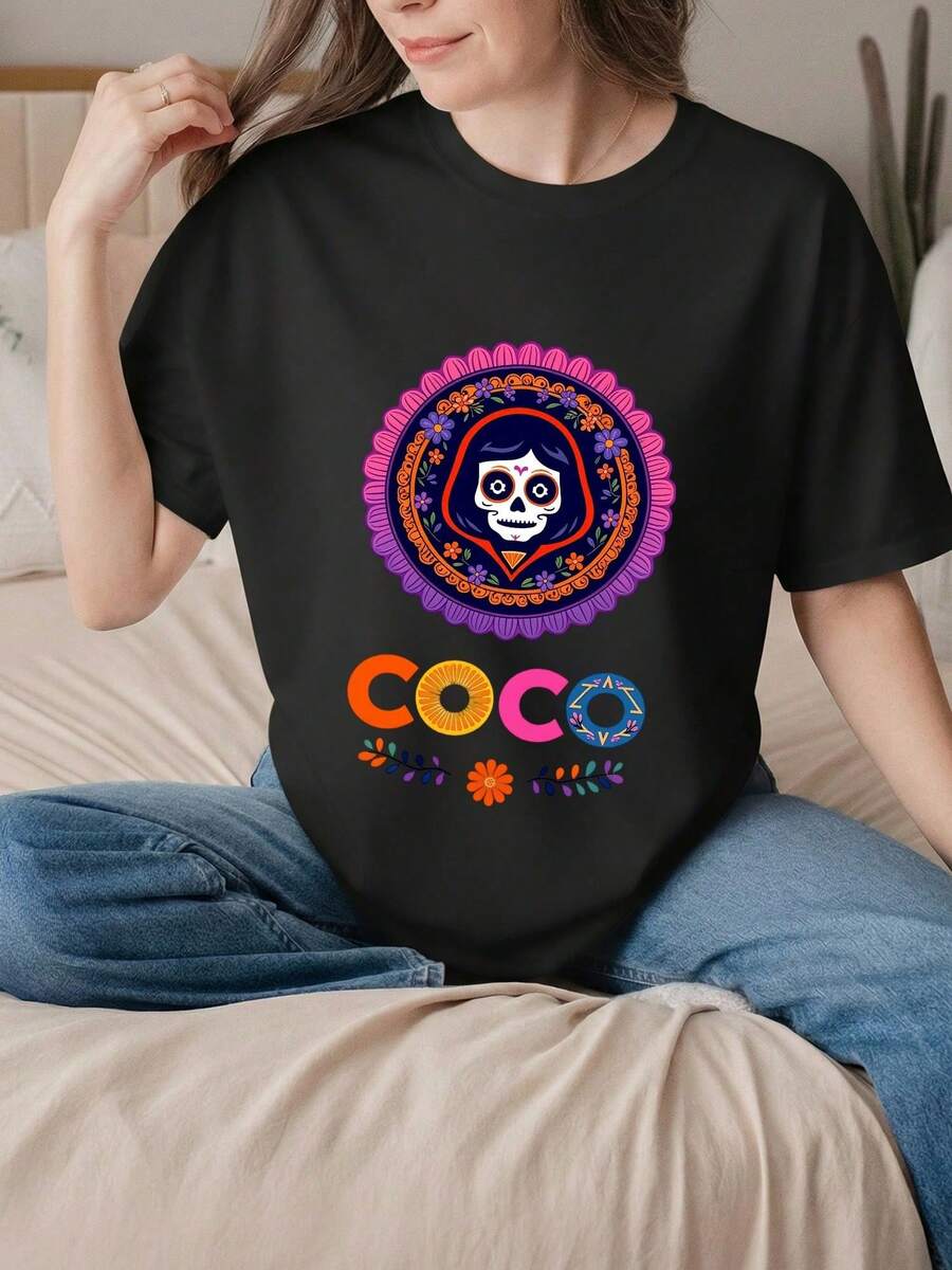 Coco Movie Cartoon Print T-Shirt, Women's Crew Neck Top, Y2K Style, Sugar Skull Miguel Design, Day Of The Dead Fan Clothing - 黑色 1 - 查看 1