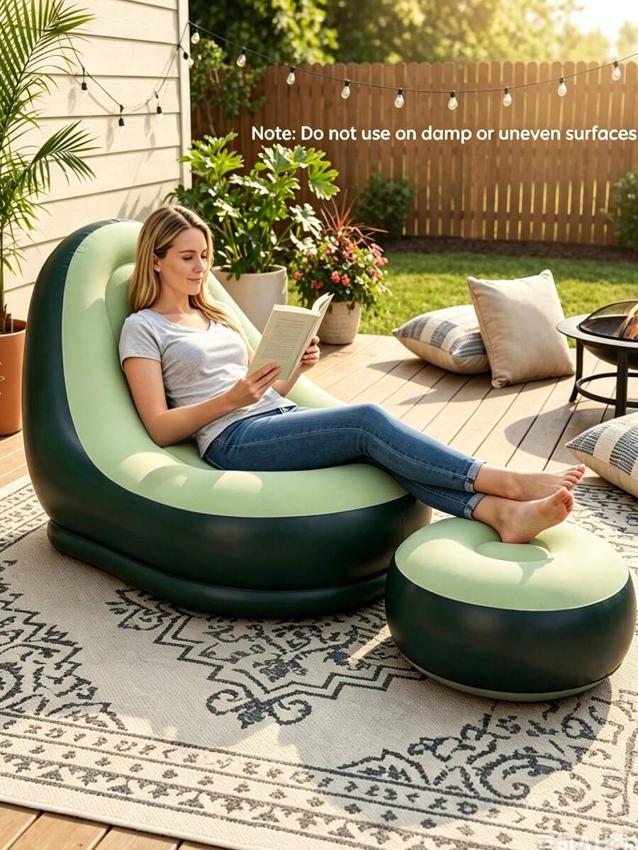1 Set Sofa Set With Sofa And Ottoman, Avocado Style Sofa, Green Flocked Sofa, Slouchy Sofa, Foldable Indoor And Outdoor Sofa Bed, Comfortable Flocked Sofa Chair Set - Multicolor - View 1