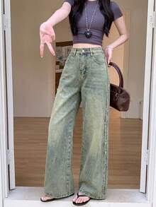 Women's Solid Color Mid-Waist Straight Leg Loose Casual Flared Jeans With Tassel - Blue - View 7