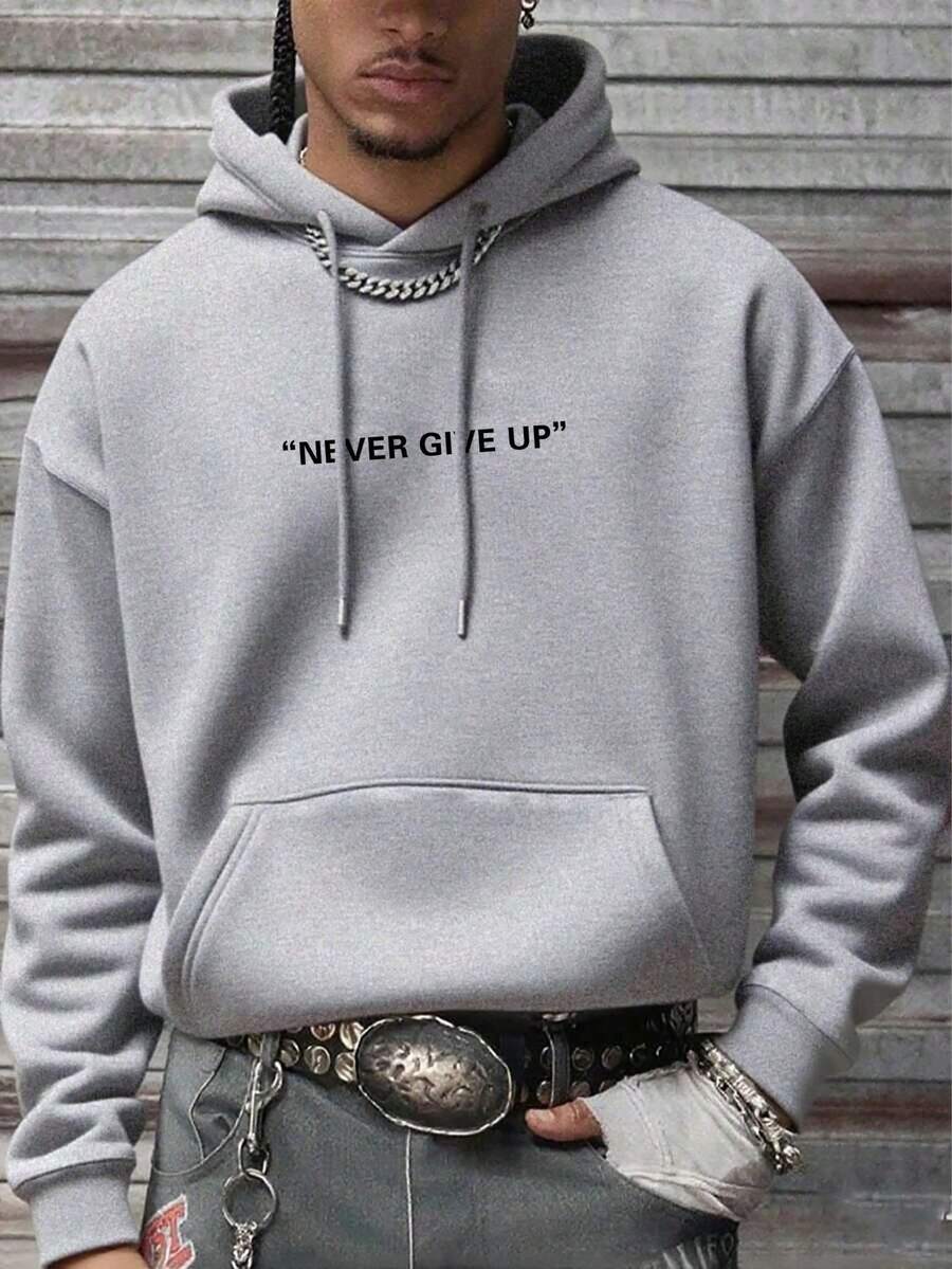 Sudadera con capucha casual y versátil para hombres con bolsillo canguro, cordón y estampado de eslogan sencillo, para uso diario y commute, otoño/invierno - Gris - Ver 1