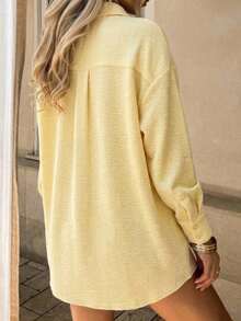 Women's Casual Textured Relaxed Fit Long Sleeve Button-Down Shirt - Light Yellow - View 2