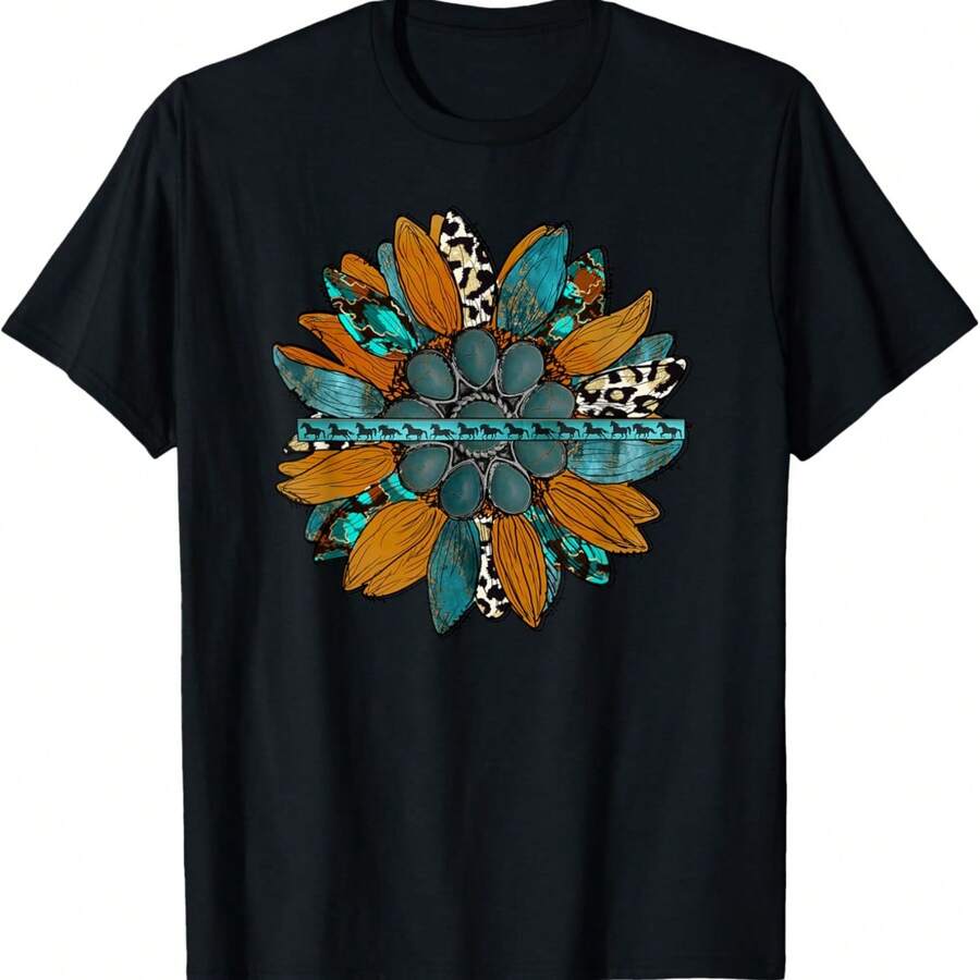 Country Western Sunflower Earth Tones Cowhide Teal T-Shirt - Black - View 1
