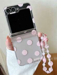 Fashion Full Screen Polka Dot Semi-Transparent Foldable Phone Case + Luxury 3D Tulip Heart Star Laser Bead Chain, Suitable For Samsung Galaxy Z Flip 8 ZFlip7 ZFlip 6 ZFlip5 Zflip4 Zflip 3 5G, Transparent Girly Style Shockproof Soft Back Shell With Lanyard - Baby Pink - View 2
