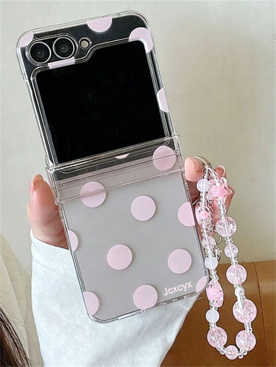 Fashion Full Screen Polka Dot Semi-Transparent Foldable Phone Case + Luxury 3D Tulip Heart Star Laser Bead Chain, Suitable For Samsung Galaxy Z Flip 8 ZFlip7 ZFlip 6 ZFlip5 Zflip4 Zflip 3 5G, Transparent Girly Style Shockproof Soft Back Shell With Lanyard