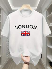 Camiseta de hombre azul marino con estampado de Londres Reino Unido, diseño de bandera del Reino Unido, top casual de manga corta, ideal para viajes, actividades al aire libre y estilo urban - Multicolor - Ver 1