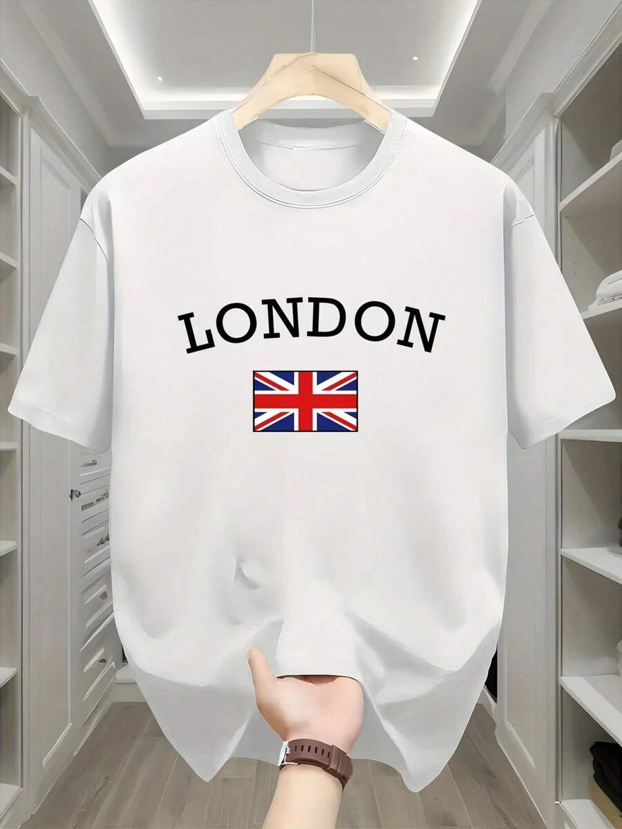 Camiseta de hombre azul marino con estampado de Londres Reino Unido, diseño de bandera del Reino Unido, top casual de manga corta, ideal para viajes, actividades al aire libre y estilo urban - Multicolor - Ver 1