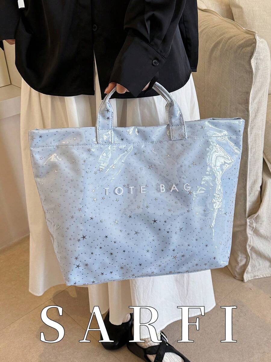 Women's Light Blue Star Pattern Handbag/Tote Bag, Fashionable Minimalist Waterproof PVC Material Vacation Bag - Baby Blue - View 1