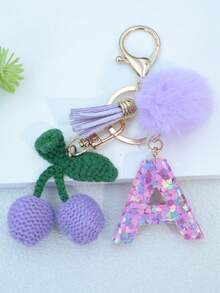 1 buah Gantungan Kunci Huruf Inggris Resin Bermotif Langit Berbintang dengan Hiasan Rumbai dan Bola Bulu Hitam, Liontin Hati, Hadiah untuk Teman dan Ibu - Mauve Purple - View 27