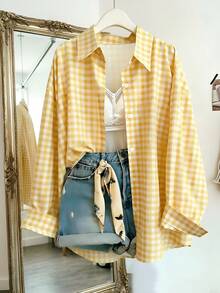 Vintage Plaid Women's Long Sleeve Shirt, Long Sleeve Striped Shirt, Button-Up Design Yellow Sports - Yellow - View 2