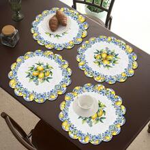 1/2/4/6/8/300PCS 36cm Wavy Round Placemats, 2 Blue Porcelain Lemon Designs. 100% Woven Polyester, Washable, Heat & Waterproof, For Kitchen Table Decor. - Multicolor - View 7
