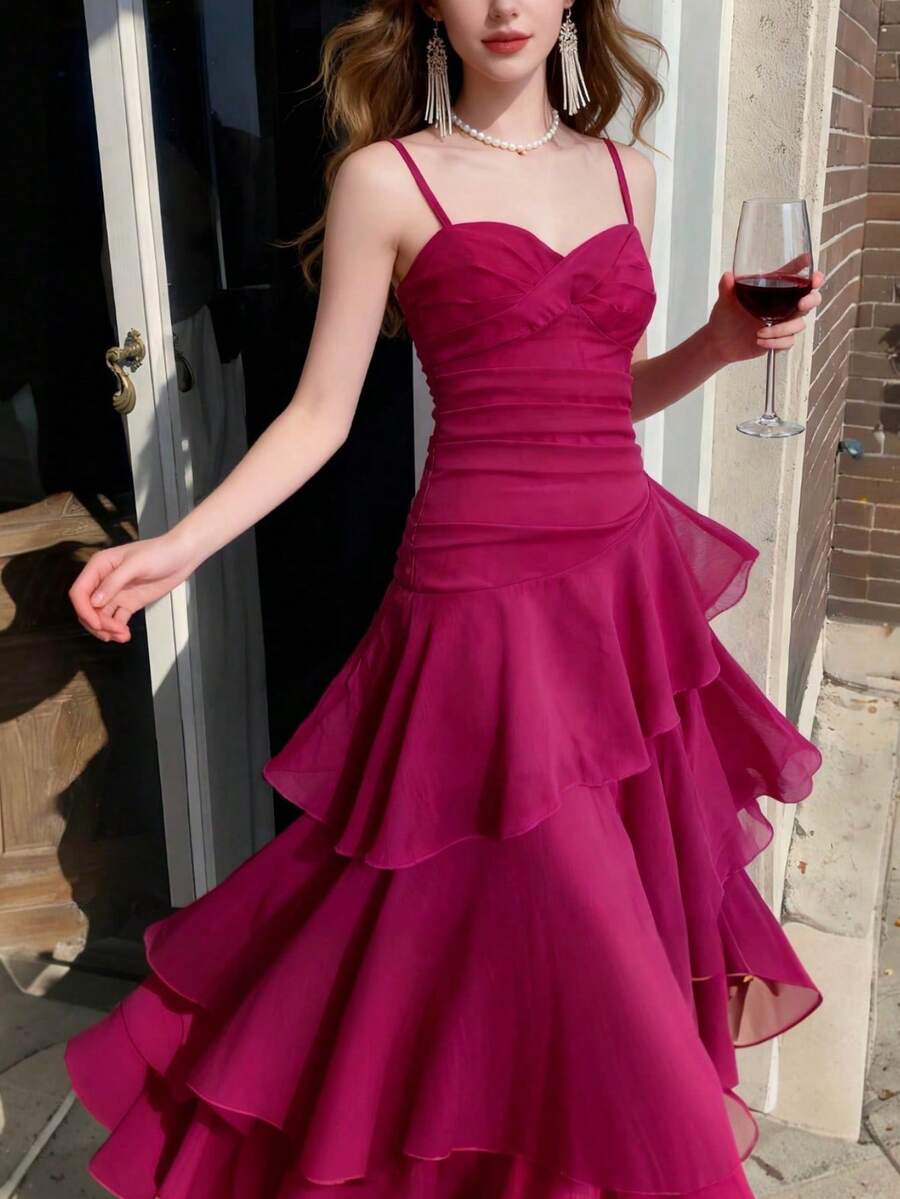 Elegant Asymmetric Ruffle Strap Dress, Suitable For Women, Minimalist Spaghetti Strap, Suitable For Party, Prom, Evening, Wedding, Back To School And Other Occasions, Suitable For Summer And Spring Wear.