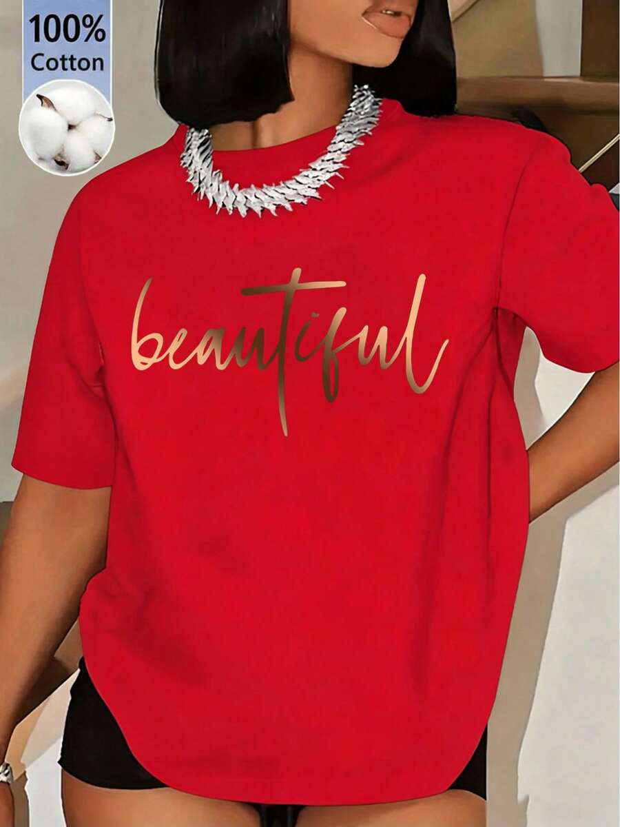 Soft 100% Cotton T-Shirt With Letter Print, Round Neck, Short Sleeves For Women, Suitable For Summer Vacation, New Year's Gifts, Valentine's Day Gifts, Daily Wear, Sa - 紅色 - 查看 1